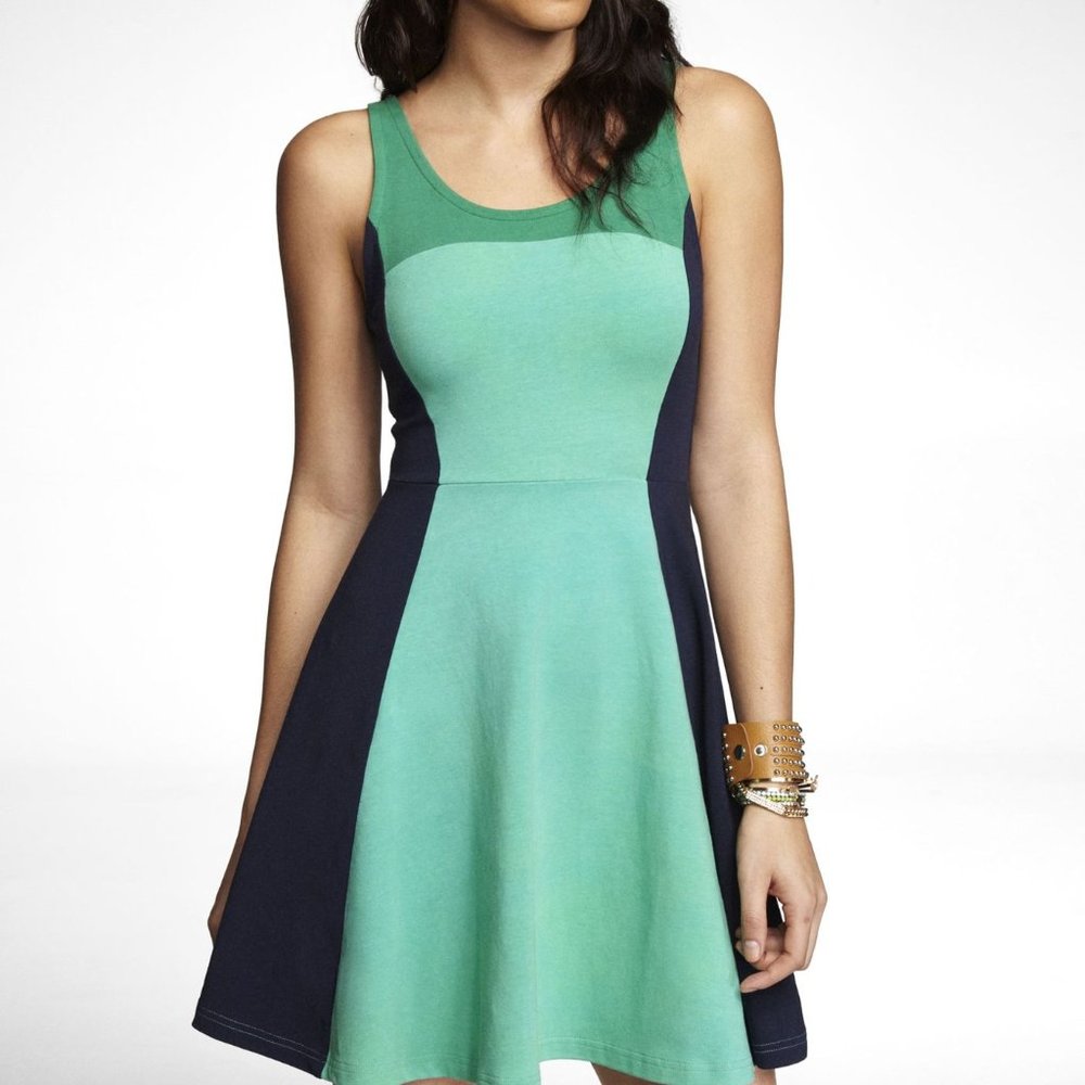 Green and blue color blocked dress